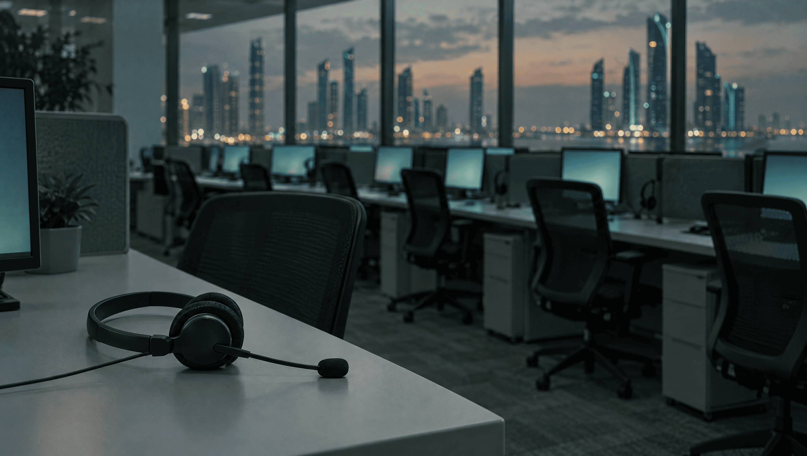 A headset resting on a desk in a quiet call centre at dusk, with rows of empty workstations and city lights blurred behind it.