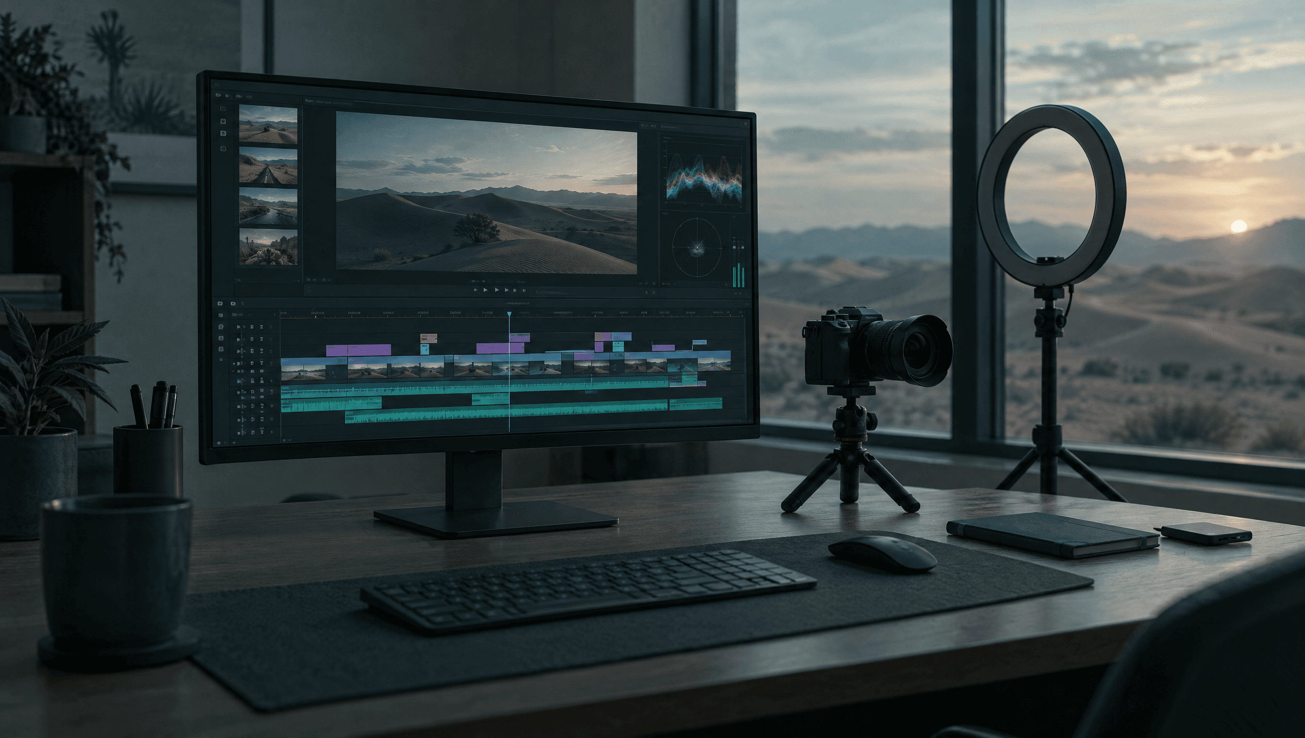 A video editing setup with a monitor showing a timeline and a subtitle bar, a camera on a small tripod, and desert dunes through the window.