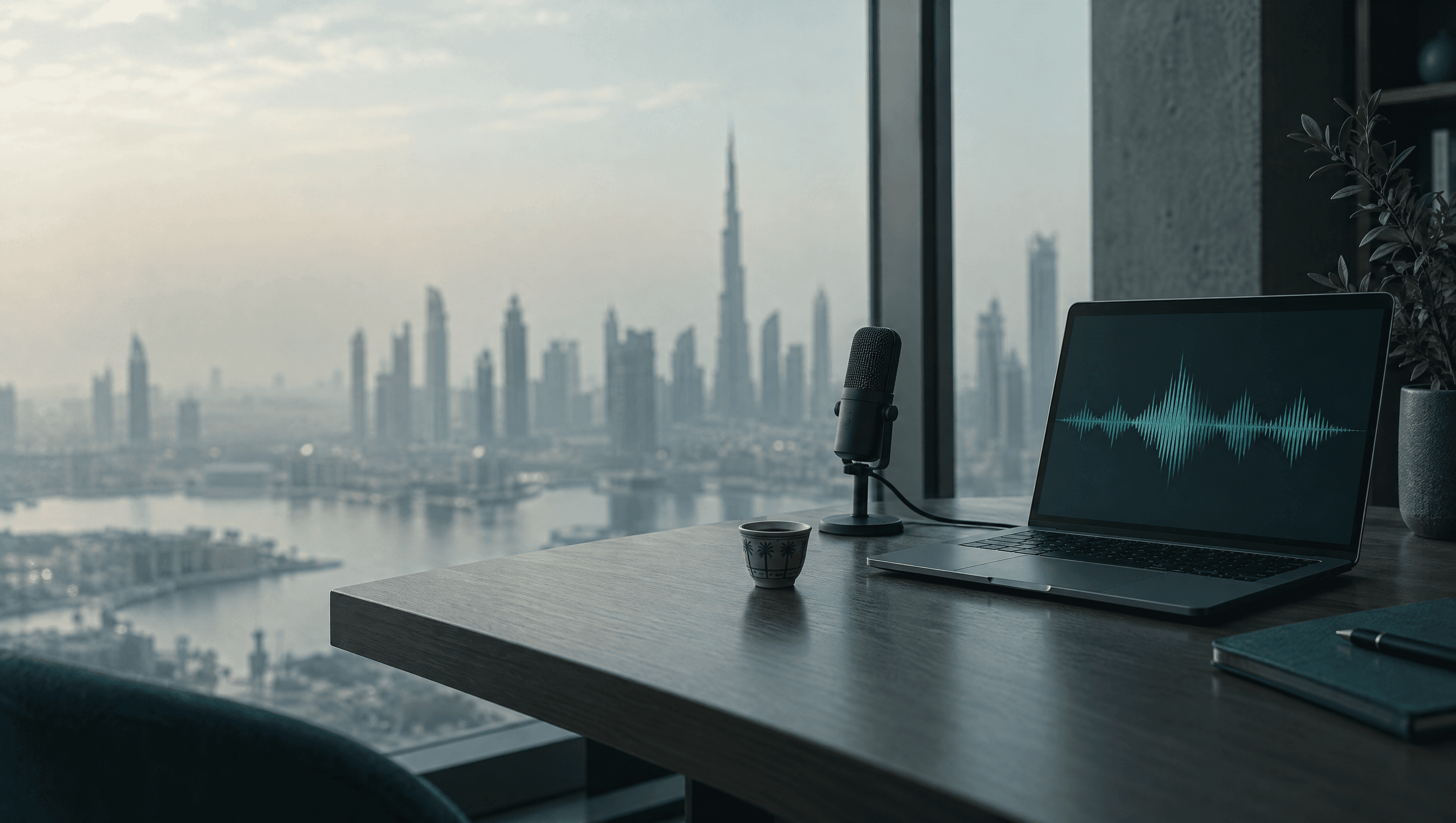 A developer's desk by a window in the early morning, with a laptop showing an audio waveform, a small microphone and a cup of Arabic coffee.