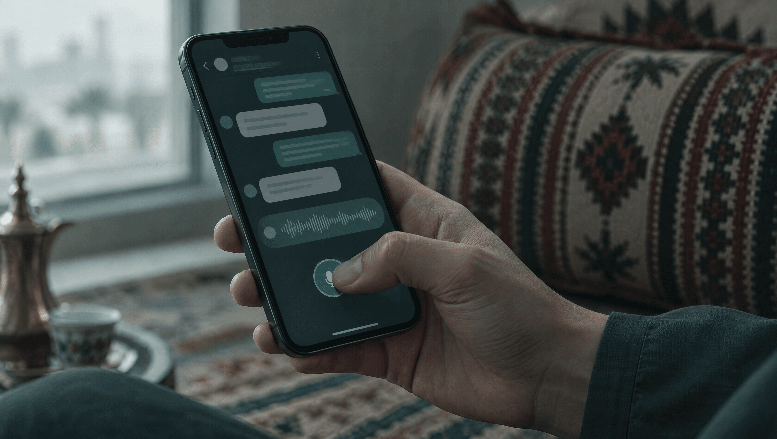 A hand holding a smartphone with a thumb on the voice-note record button, a patterned sadu cushion and a brass dallah behind.