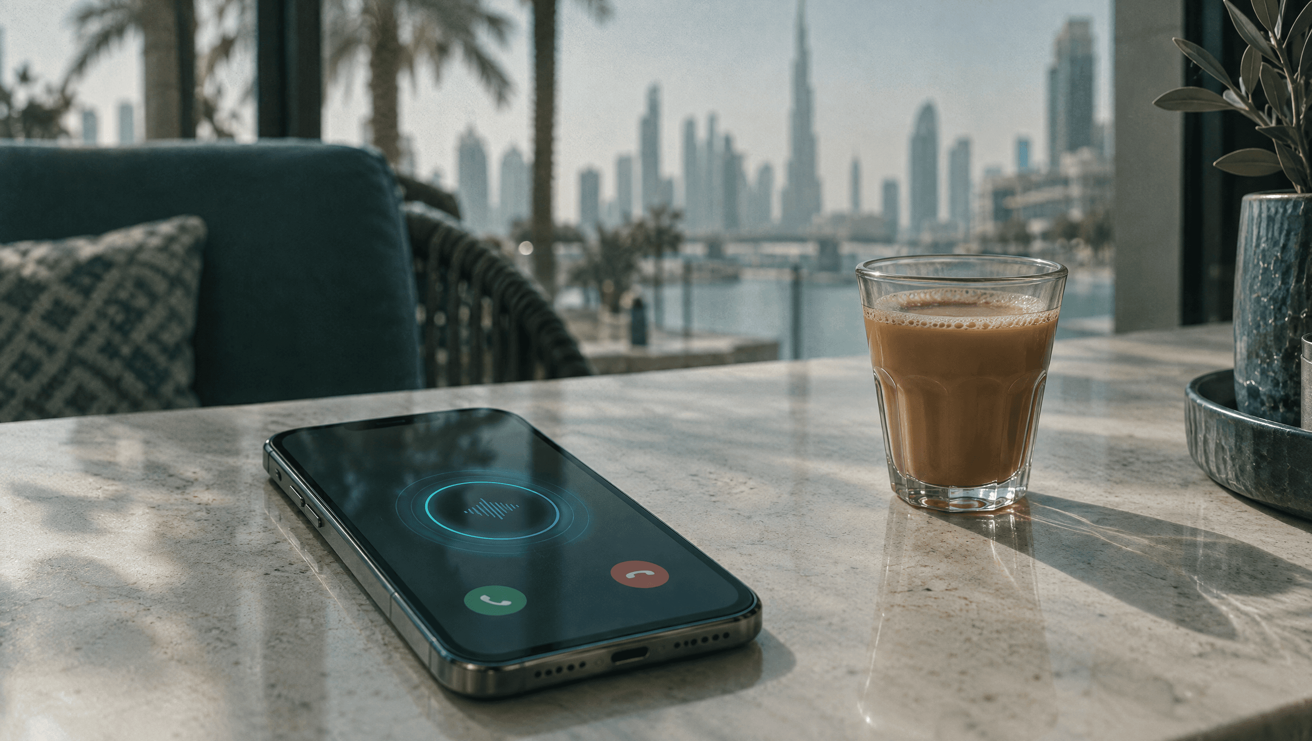 A smartphone face up on a stone café table showing an incoming-call screen, beside a small glass of karak tea.
