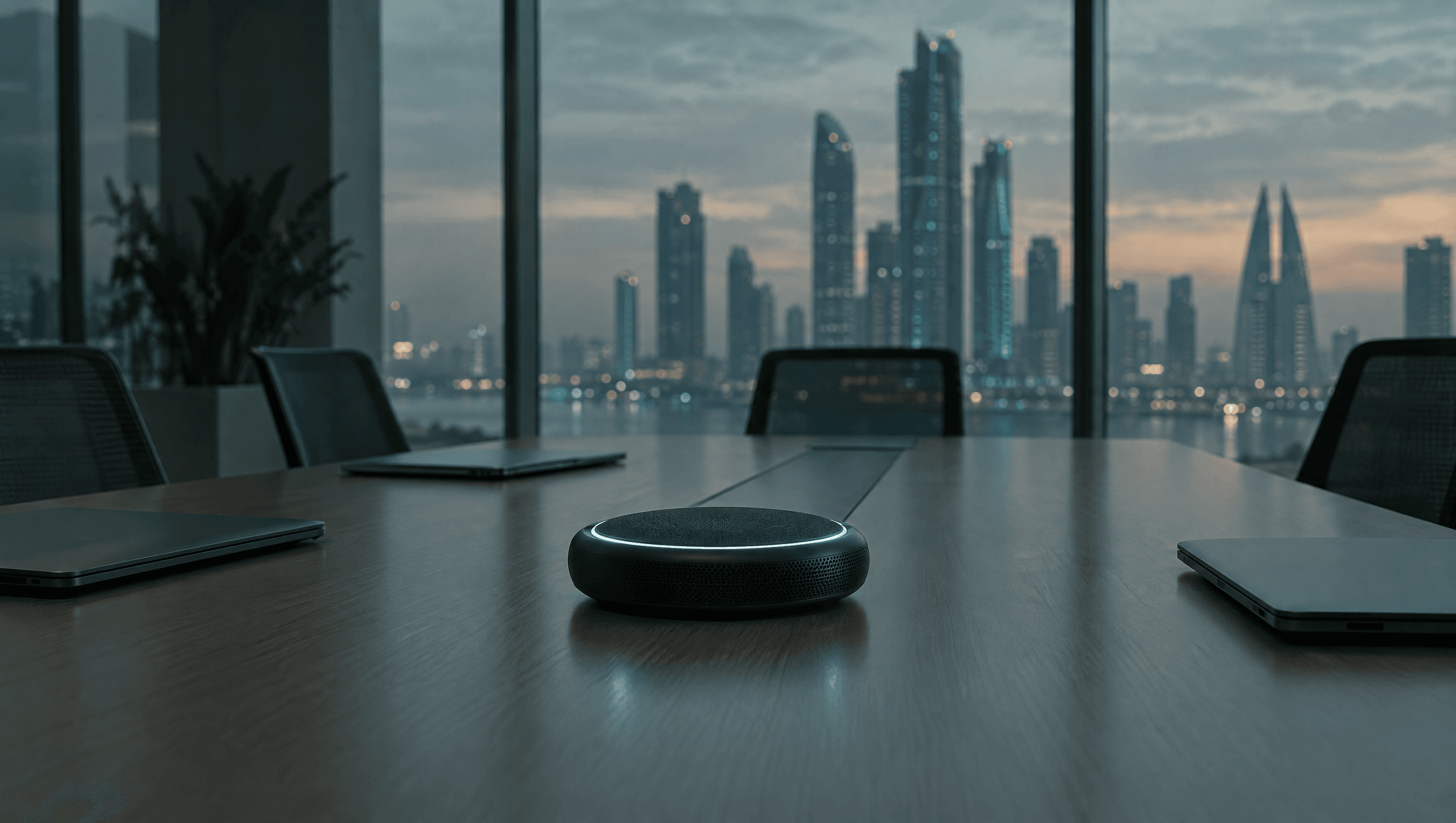 A conference speakerphone with a glowing ring on a long meeting-room table, with city towers blurred through the glass behind.