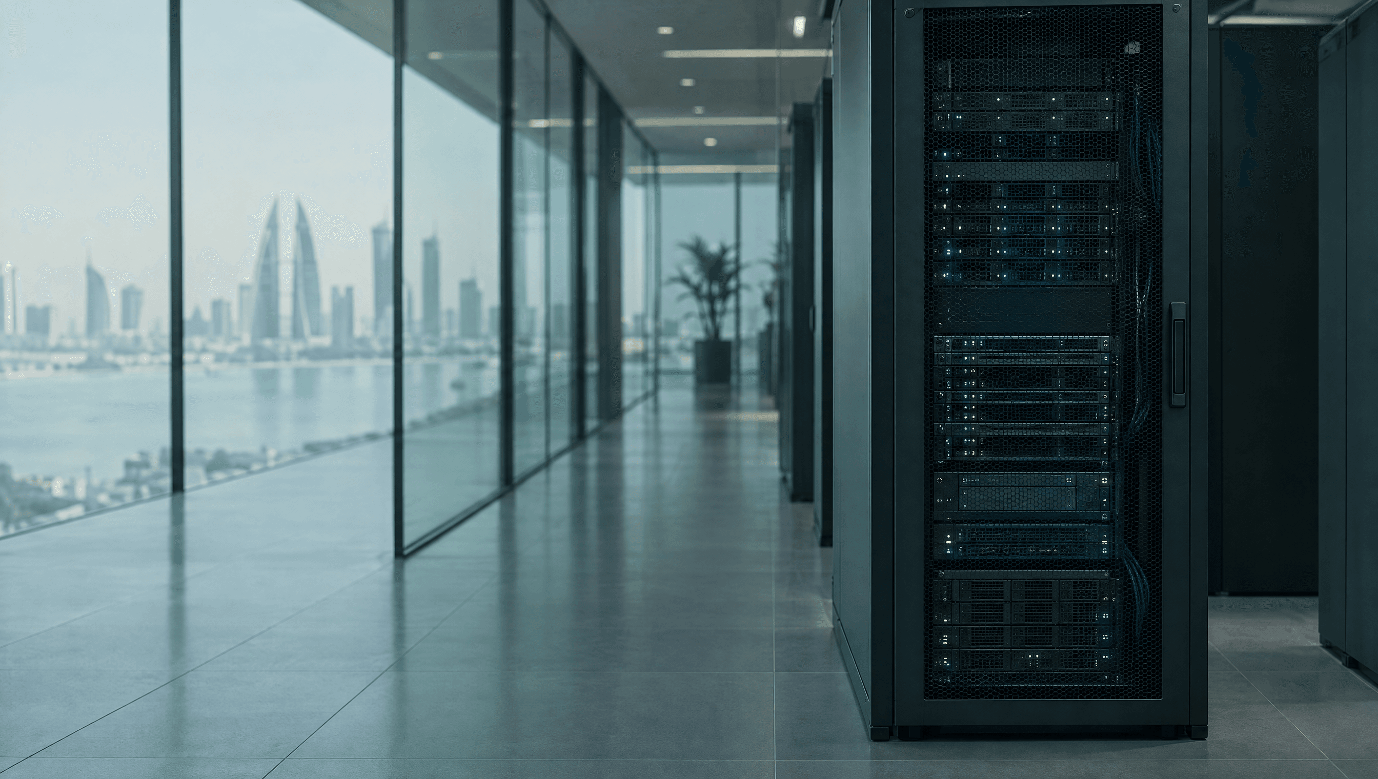 A single server rack with softly glowing status lights in a quiet, glass-walled server room.