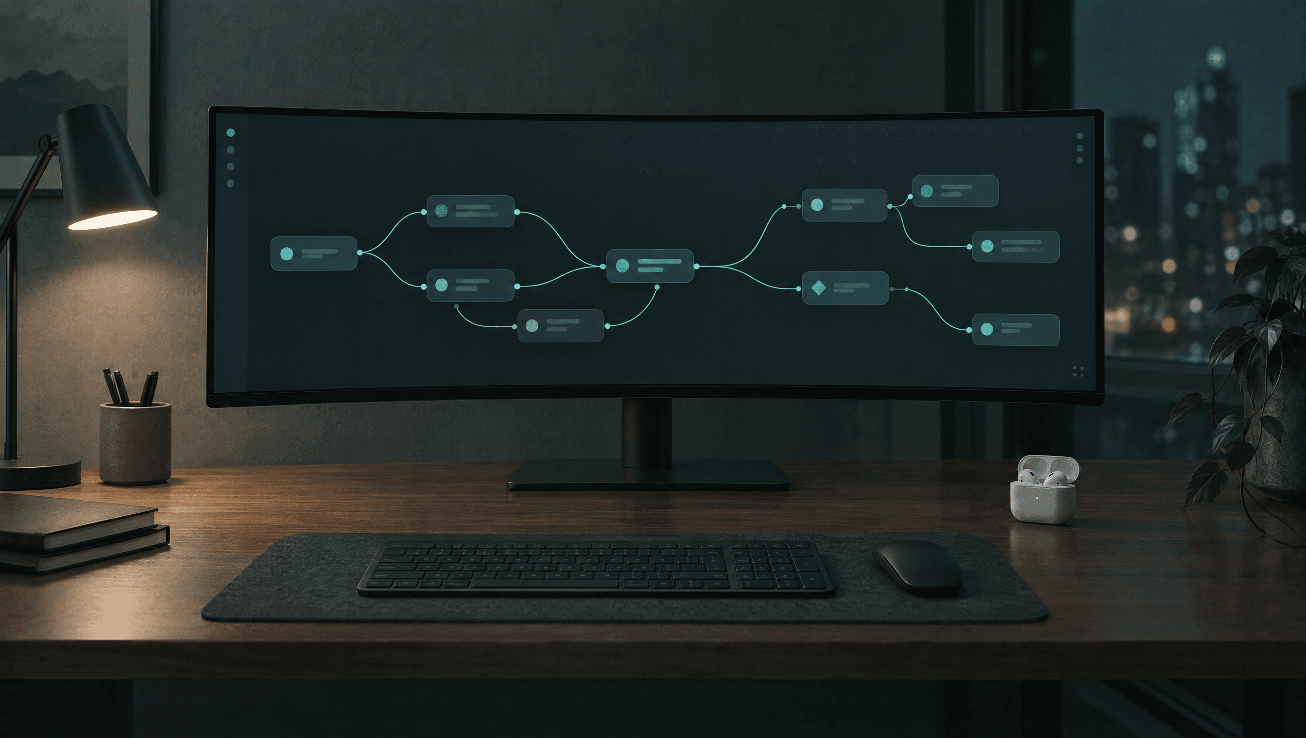 An ultrawide monitor showing an automation workflow of connected nodes, beside wireless earbuds on a walnut desk at night.