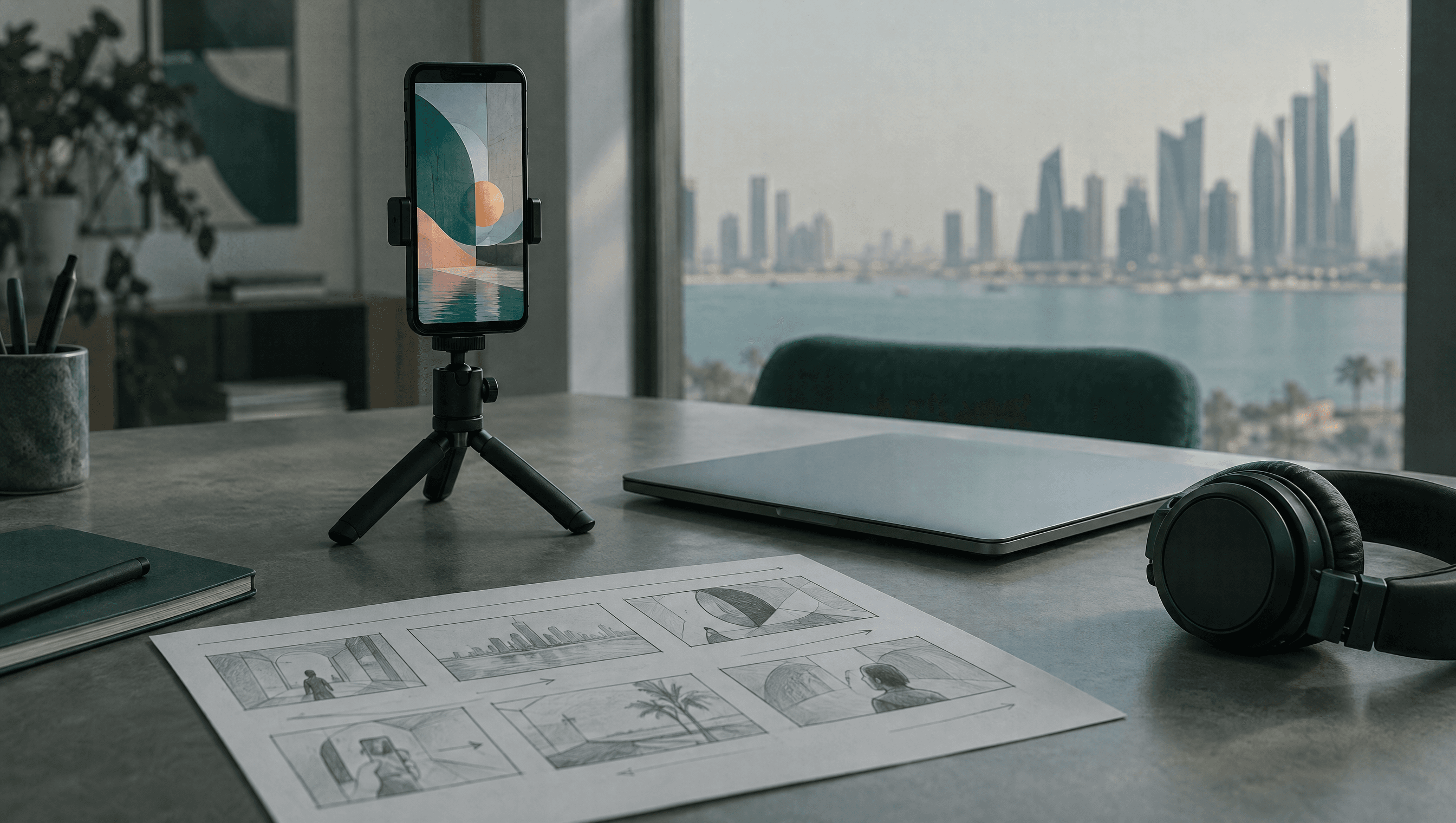 A creative agency desk with a vertical phone on a small tripod showing an ad frame, studio headphones and a sketched storyboard.