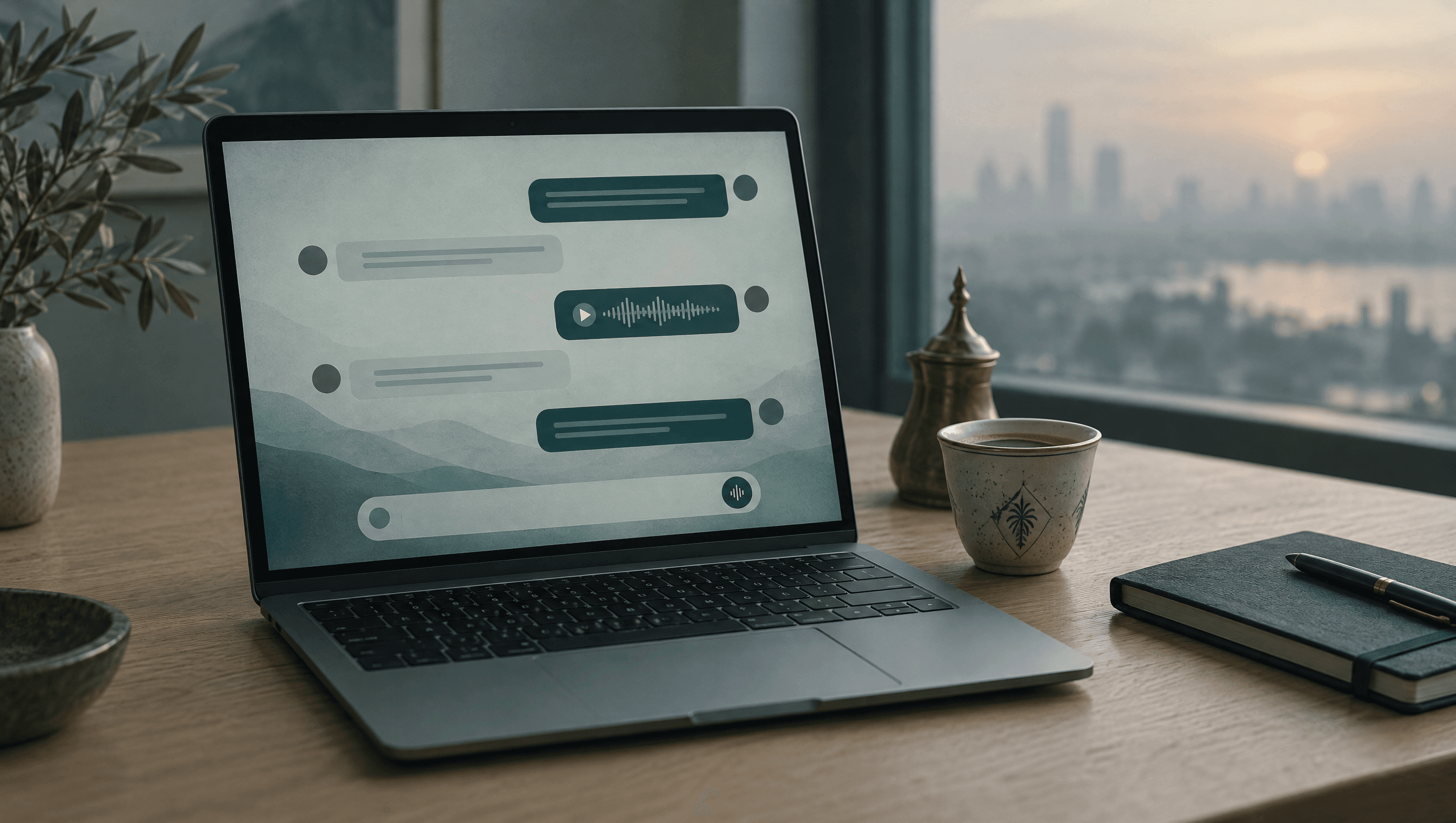 A laptop showing an AI chat with an audio player inside one message, beside a cup of Arabic coffee at dawn.
