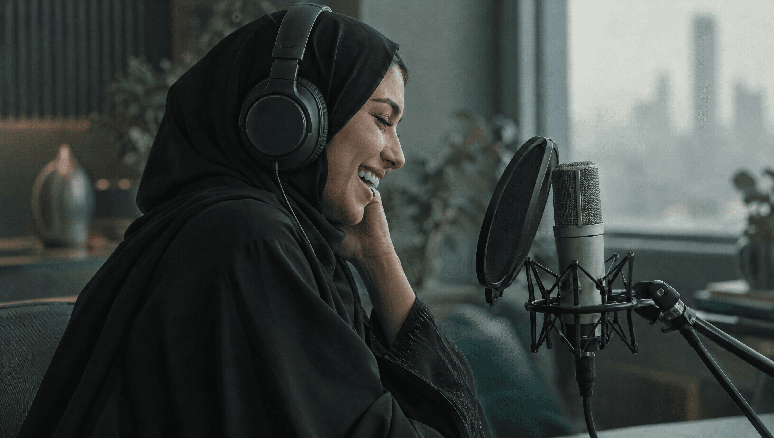 A woman in a black abaya and shayla laughing warmly as she records into a studio microphone, seen in soft profile.