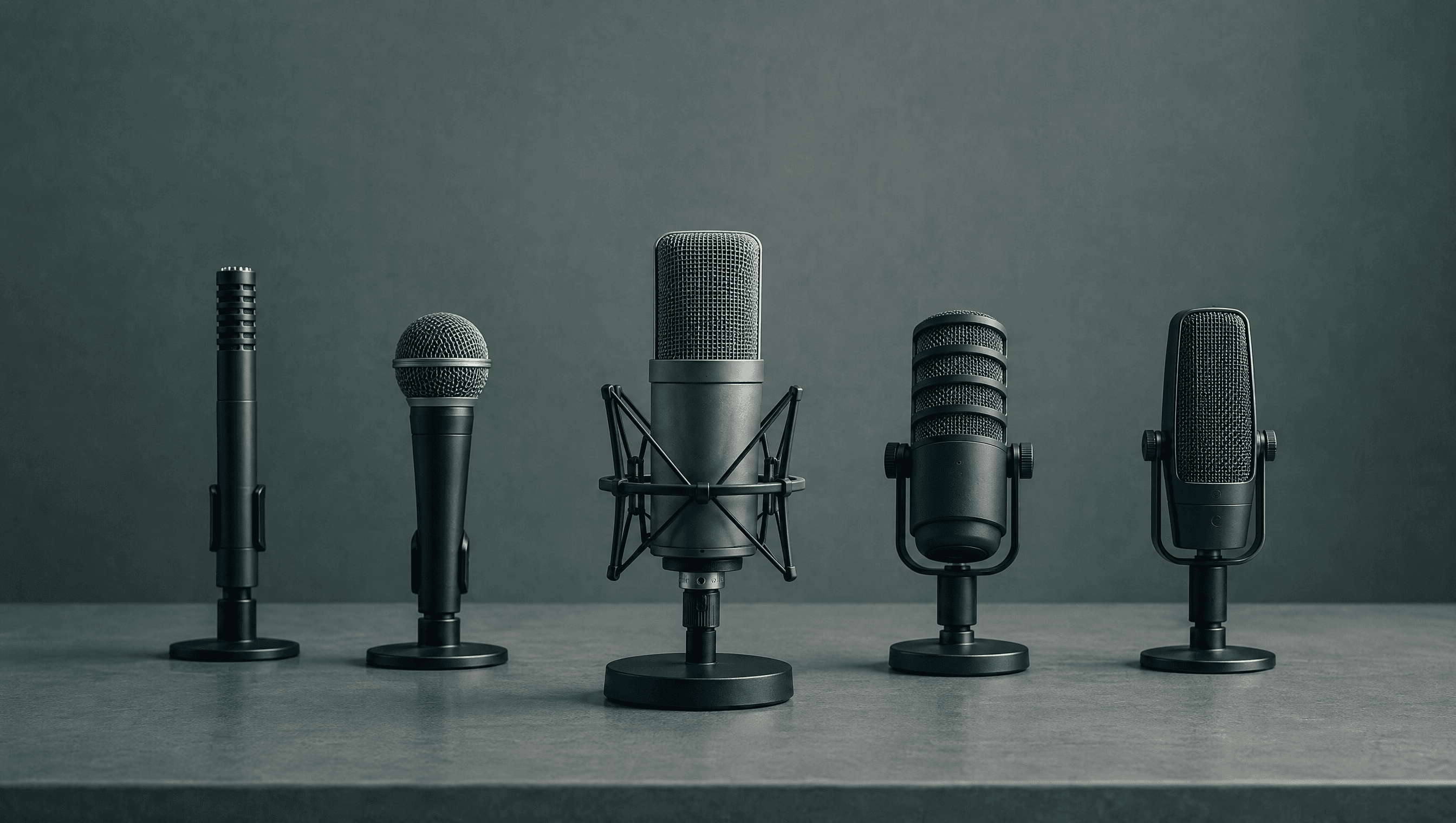 Five professional microphones lined up on a long grey table for a side-by-side test, one in sharp focus.