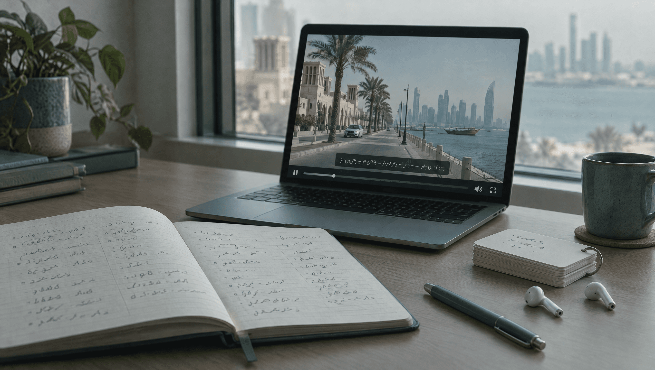 A learner's desk with a laptop playing a paused waterfront video with a subtitle bar, an open notebook of handwritten words and flashcards.