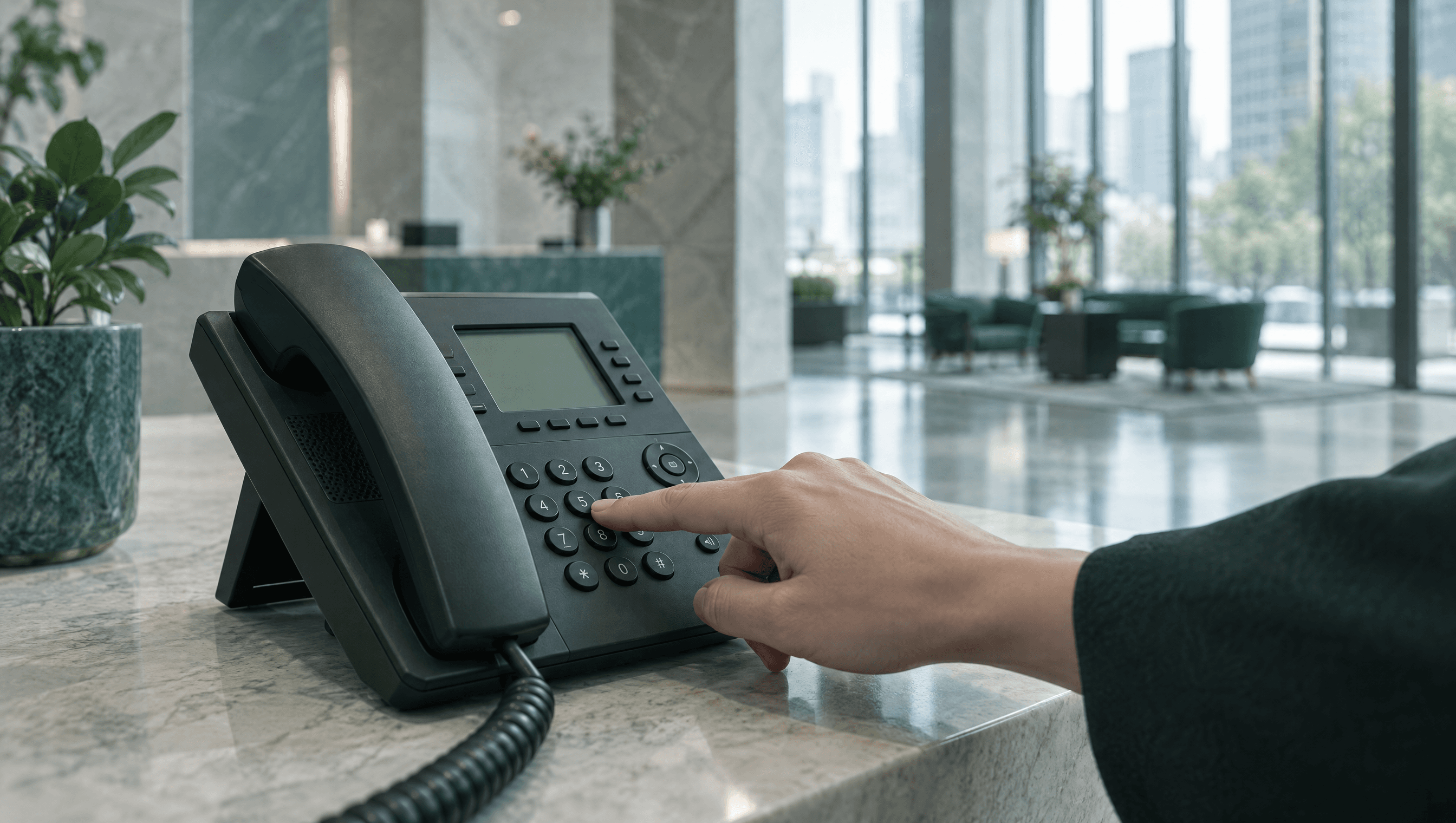 A finger pressing a number key on an office desk phone on a stone reception counter, with a marble lobby blurred behind.