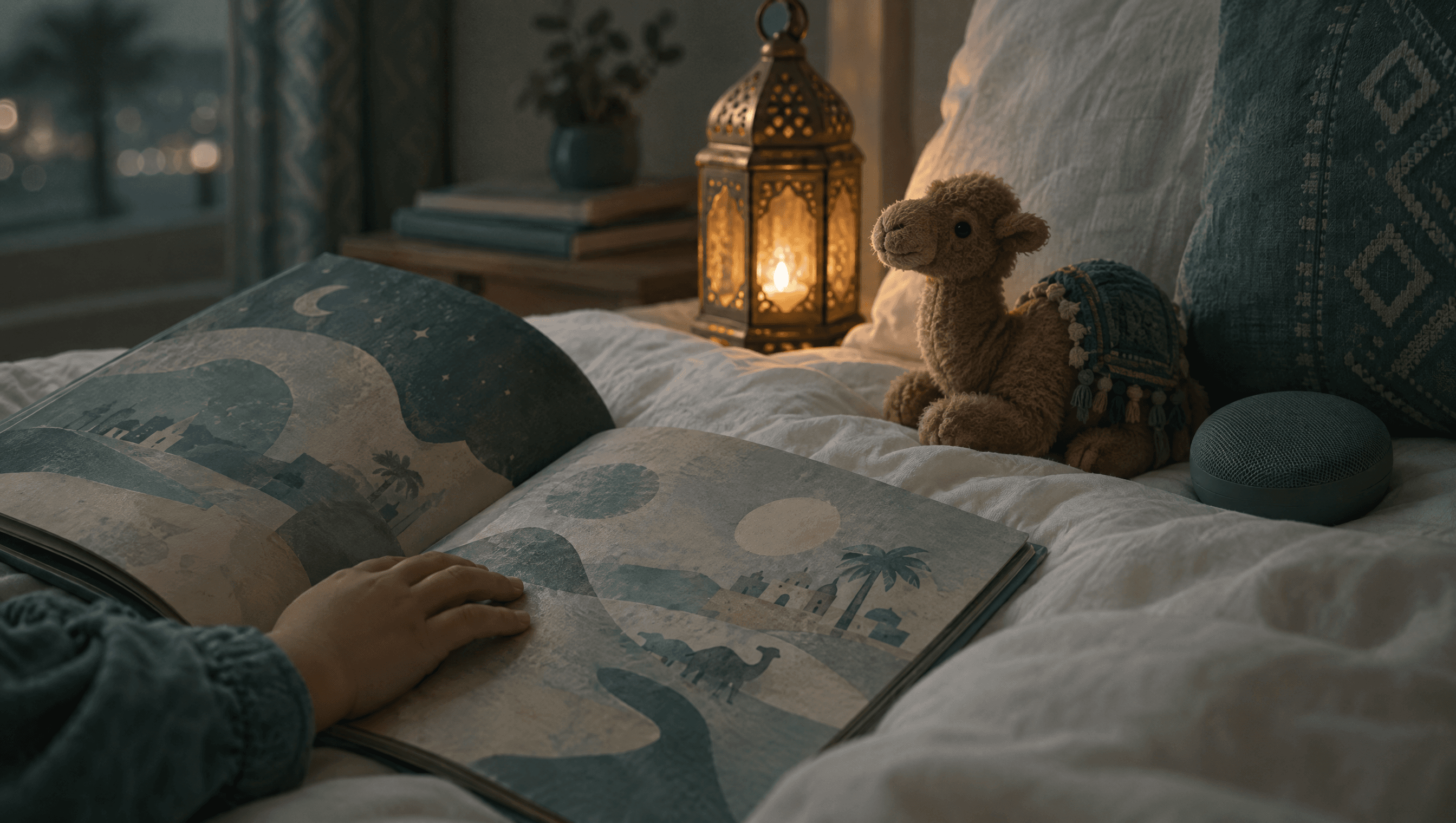 A child's hand resting on an open picture book on a duvet at night, beside a plush camel toy and a glowing brass lantern.