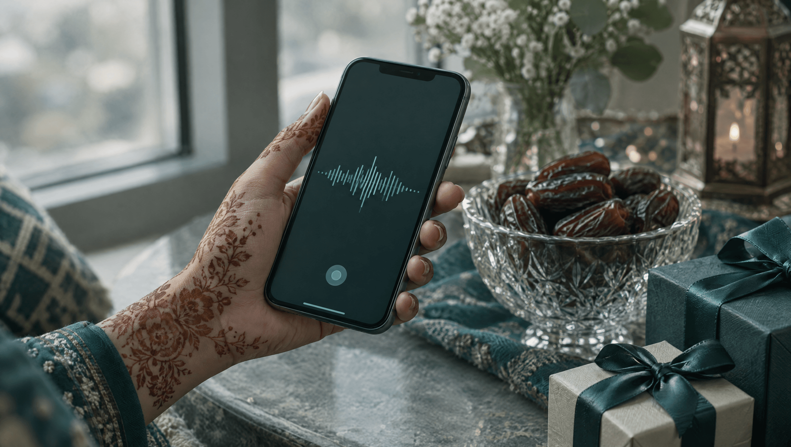 A hand decorated with henna holding a smartphone that shows a voice-message waveform, beside a crystal bowl of dates and gift boxes.