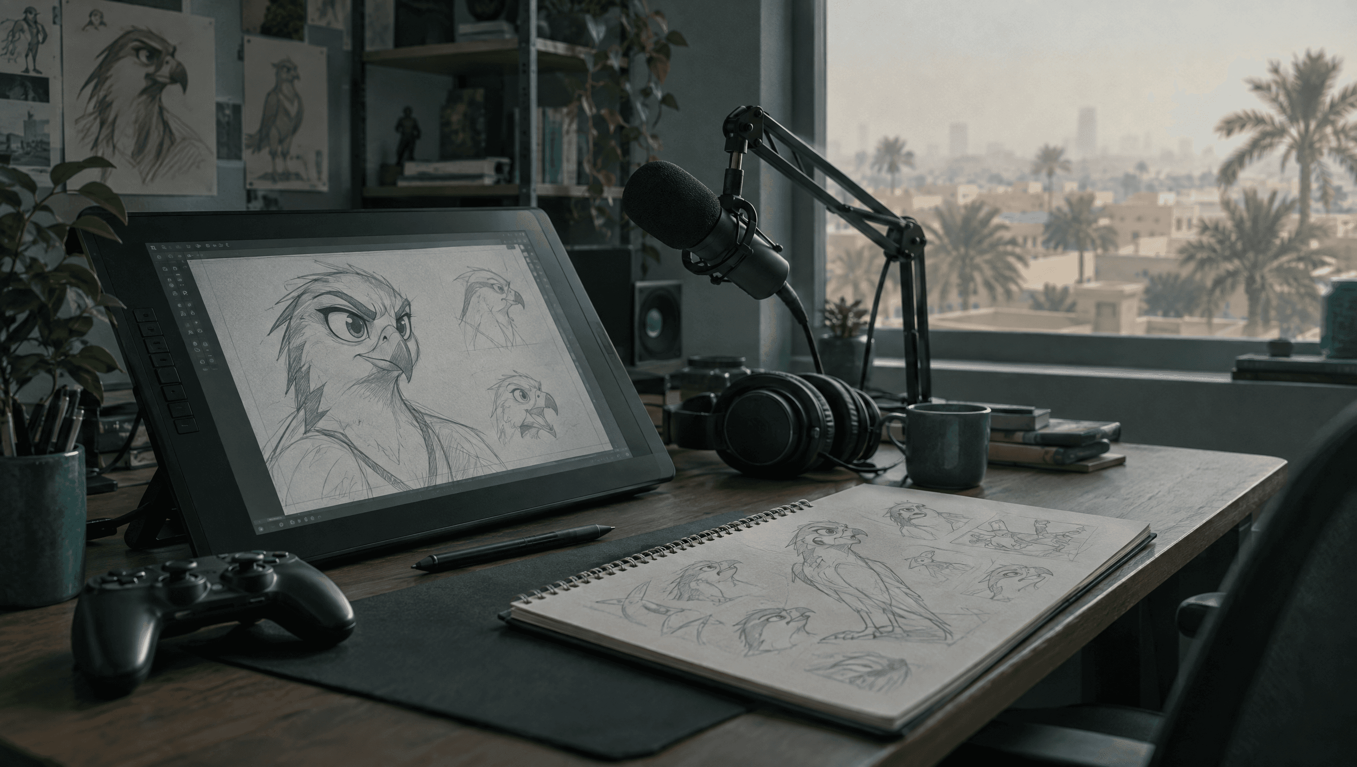 An animator's desk with a pen display showing a sketch of a cartoon falcon, a game controller, a boom microphone and a sketchbook, palm trees outside.