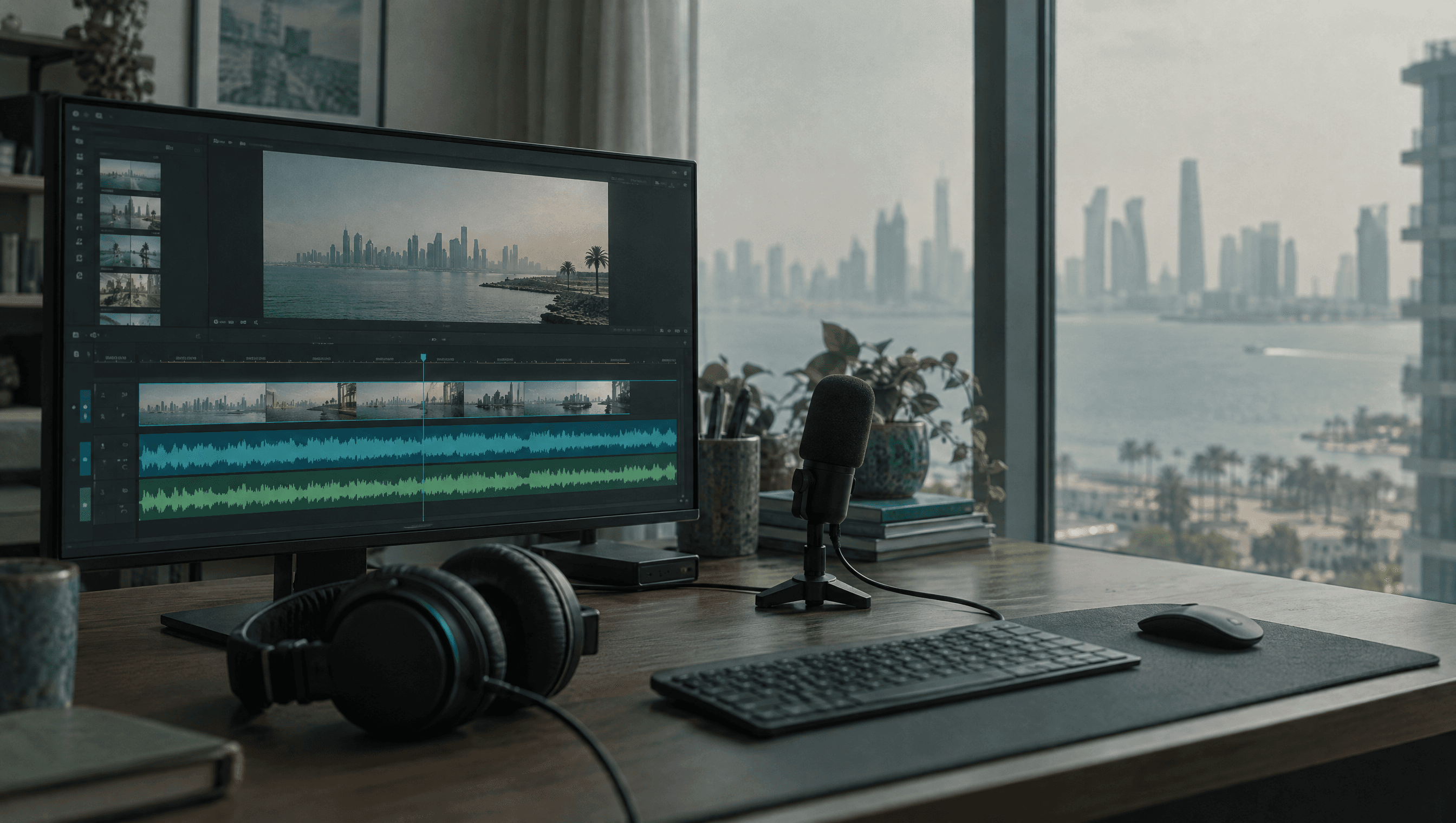 A video editor's desk with a monitor showing a timeline with a video track and two audio waveform lanes, headphones and a microphone.