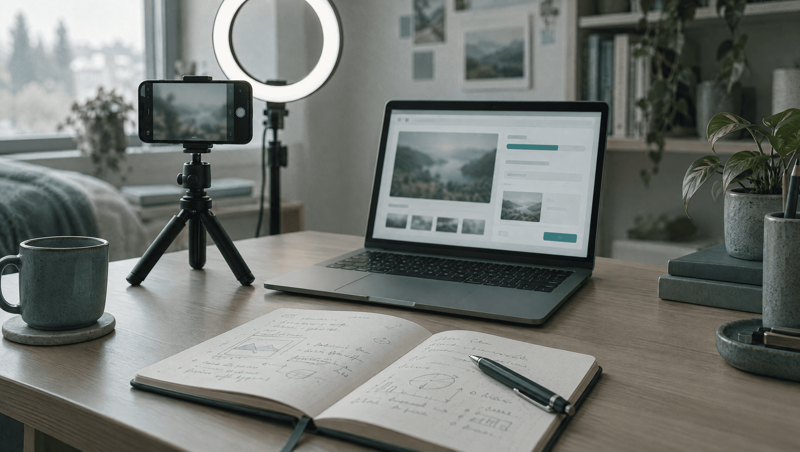 A creator's desk with a phone on a small tripod, a ring light, a laptop showing a video upload screen and an open notebook.