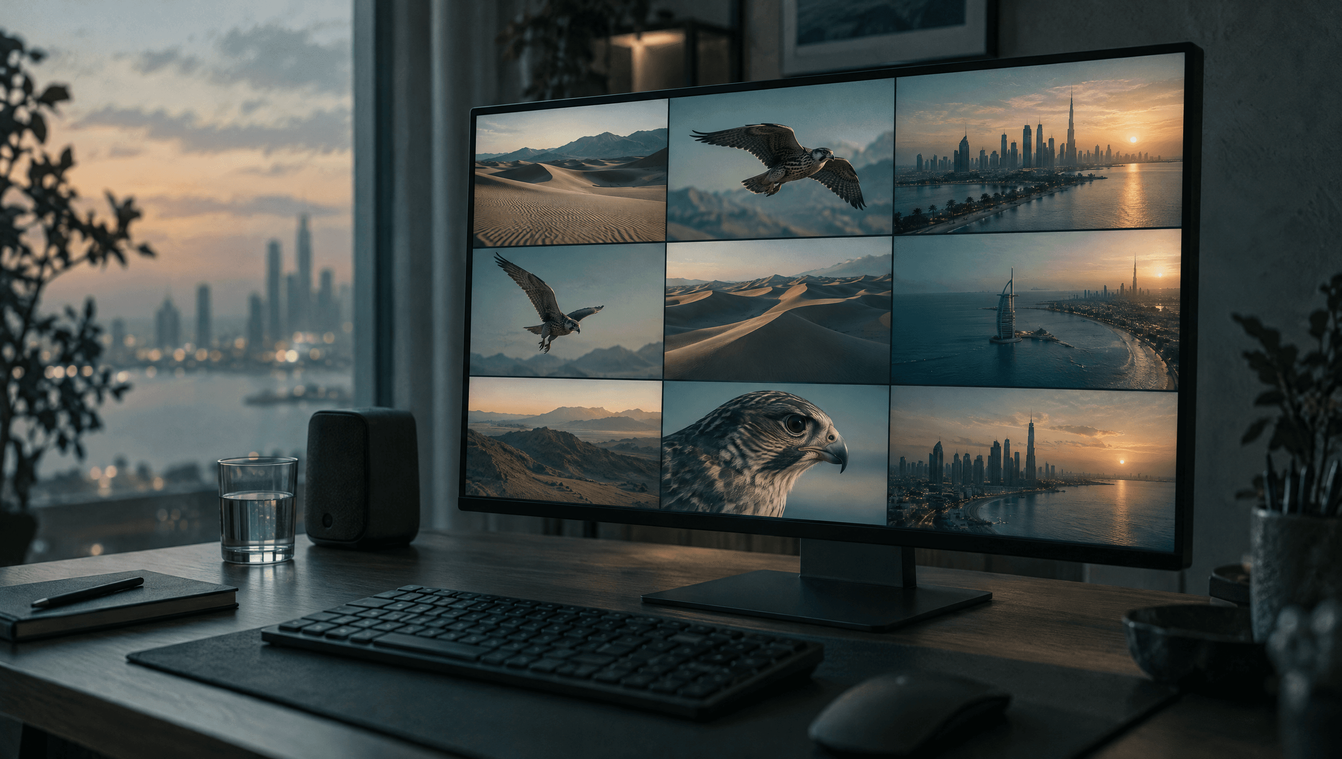 A monitor on a desk at dusk showing a grid of short video frames of dunes, a falcon in flight and a coastal skyline.