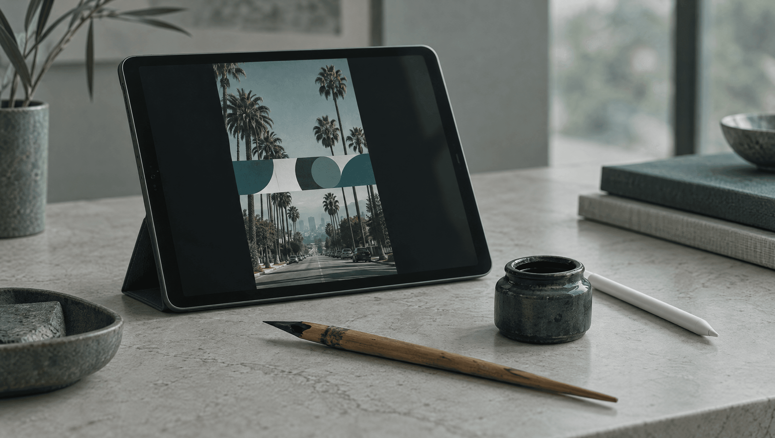 A tablet on a stone desk showing a vertical video of a palm-lined street with a title bar, beside a reed calligraphy pen and an ink pot.