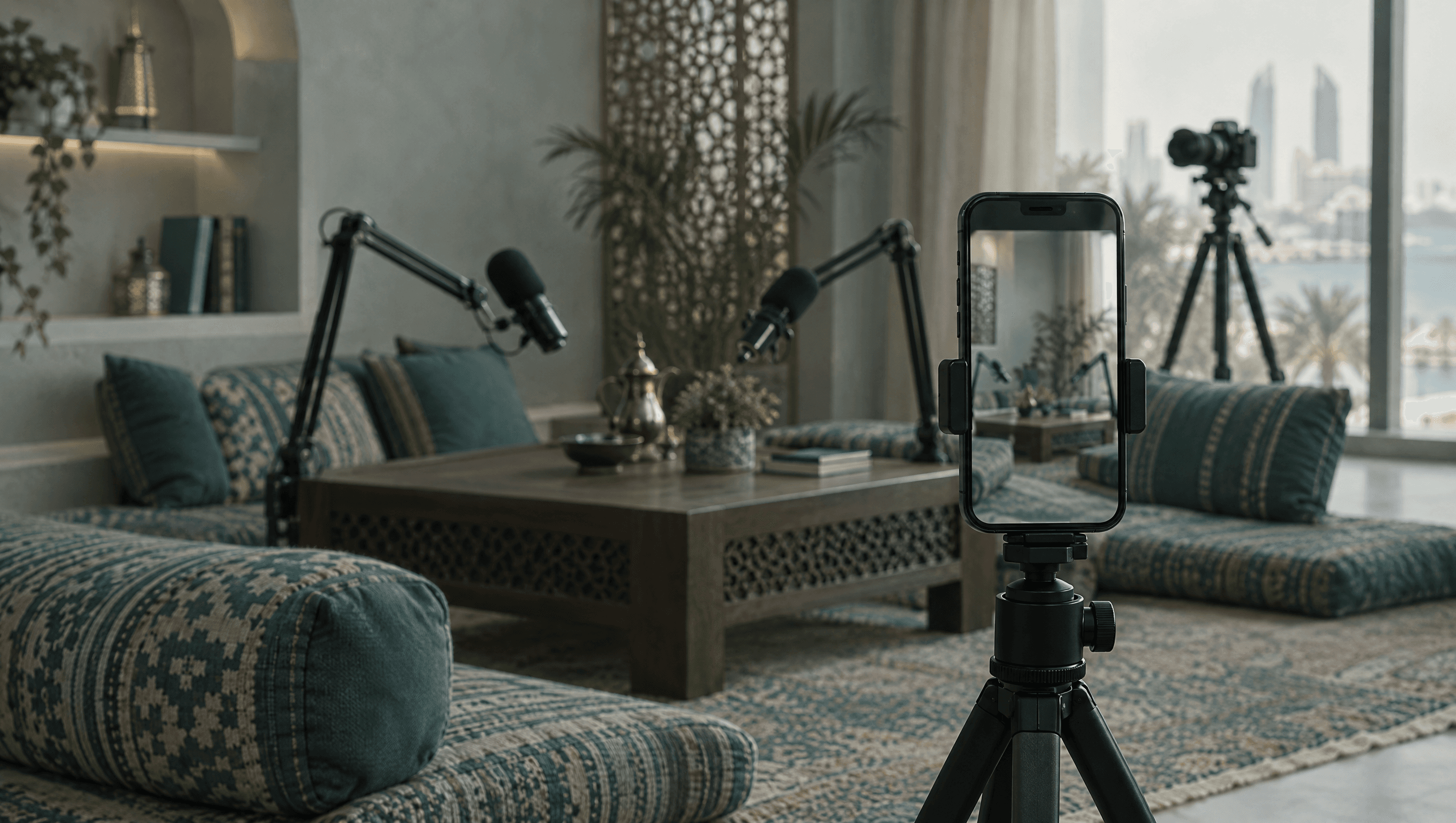 A small podcast studio with floor cushions and two microphones on boom arms, with a phone held vertically on a tripod in the foreground.